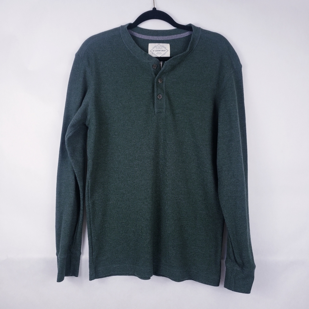 St John Bay Mens Henley Sweater Knit Green Pullover Size Large
